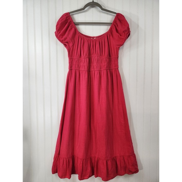 Sim & Sam Dresses & Skirts - Sim & Sam Hot Pink Smocked Midi Dress XL Linen Blend Ruffle Hem Short Sleeve